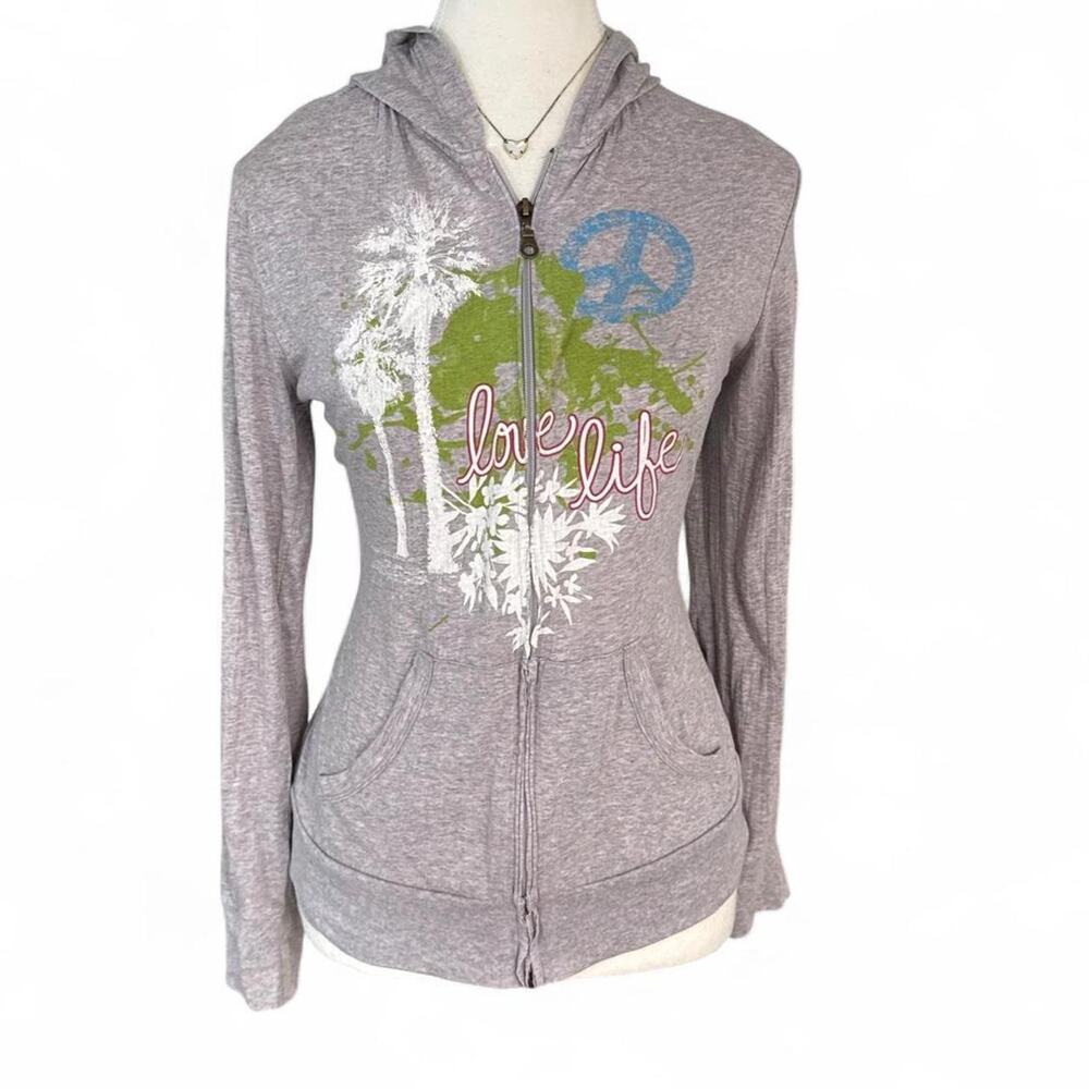 Y2K Mossimo zip up hoodie white palm trees, blue peace sign cotton zip up Size M